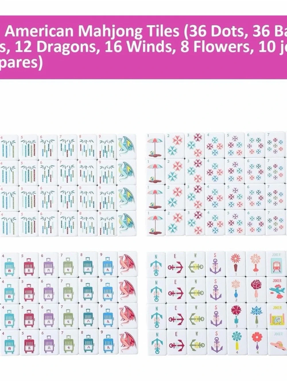 American Mahjong Tile Set - White Tiles with Multicolor Travel theme - Picture 8 of 9